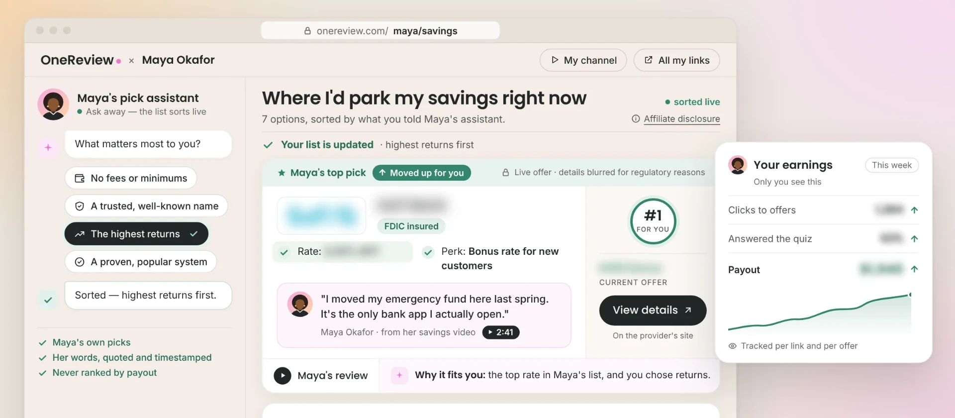 A OneReview Smart Comparison for a creator's savings picks: one visitor question on the left, the creator's top pick with her quoted review, and the creator's own earnings view