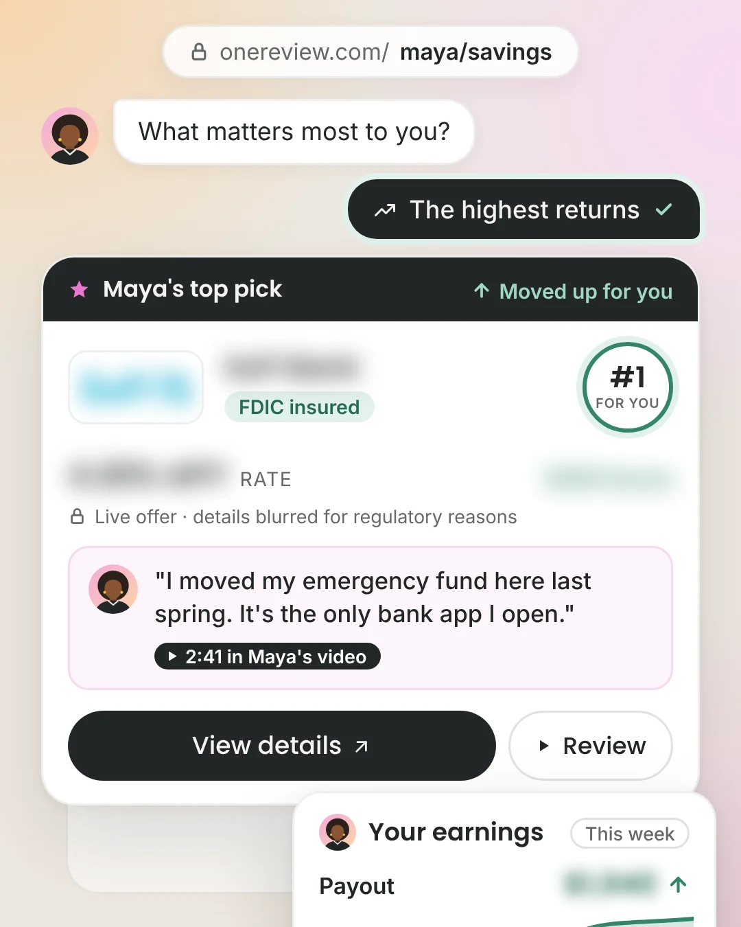 A OneReview Smart Comparison on a phone for a creator's savings picks, showing the visitor's answer, the creator's top pick with her quoted review, and the creator's earnings