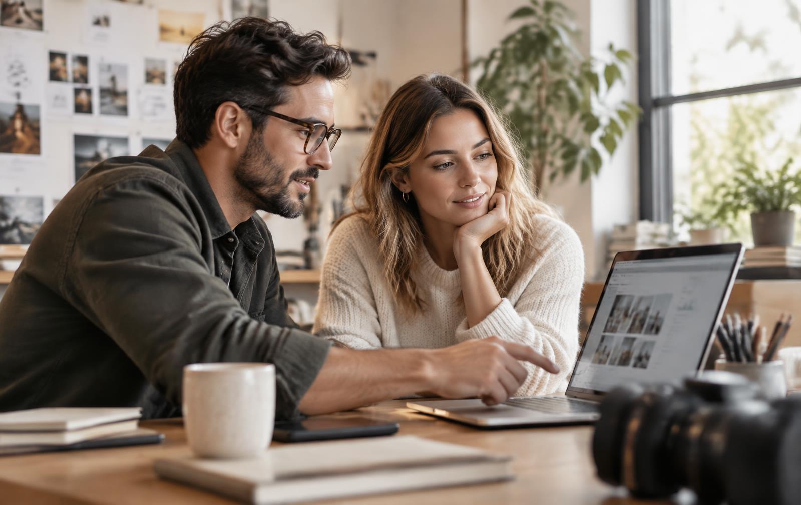 Agency professionals reviewing creator content together on a laptop