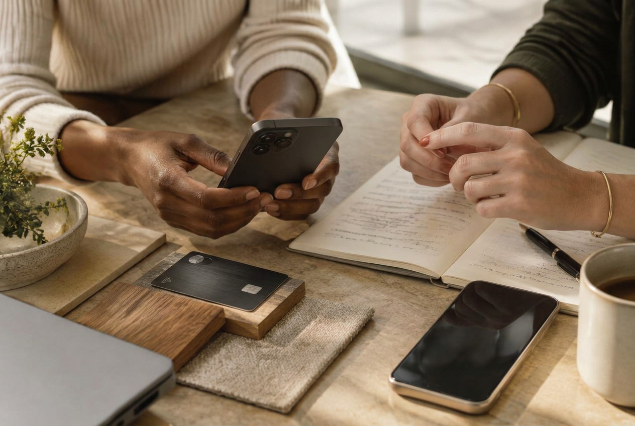 Two people comparing a phone and a payment card over notes